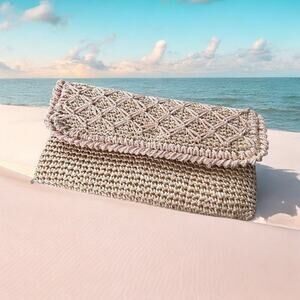 Vtg Woven Rattan Clutch Purse Women's Made In Japan Wicker Beach Pink Beige Boho